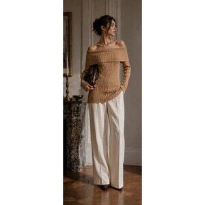 St John Collection Off Shoulder Ribbed Knit Sweater Camel 6 Wool Blend Y2K  2004